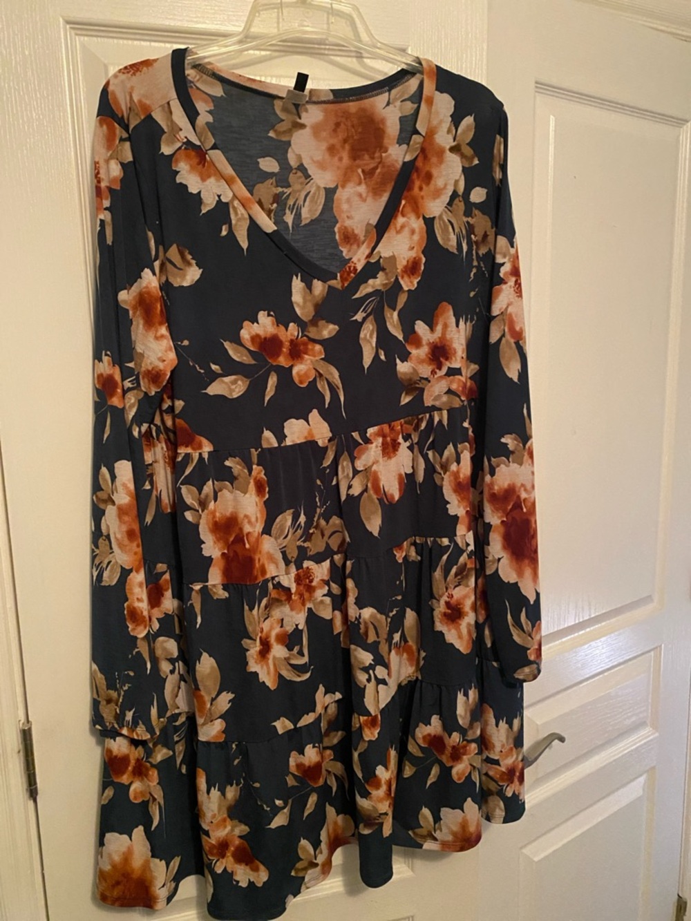 Navy Floral V-Neck Tiered Dress with Rust Blooms